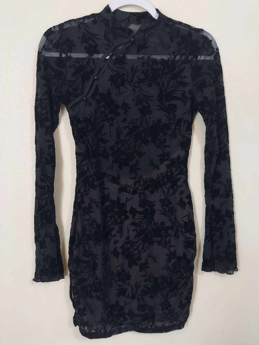 SHEIN Black Floral Burnout Mesh Long-Sleeve Midi Dress